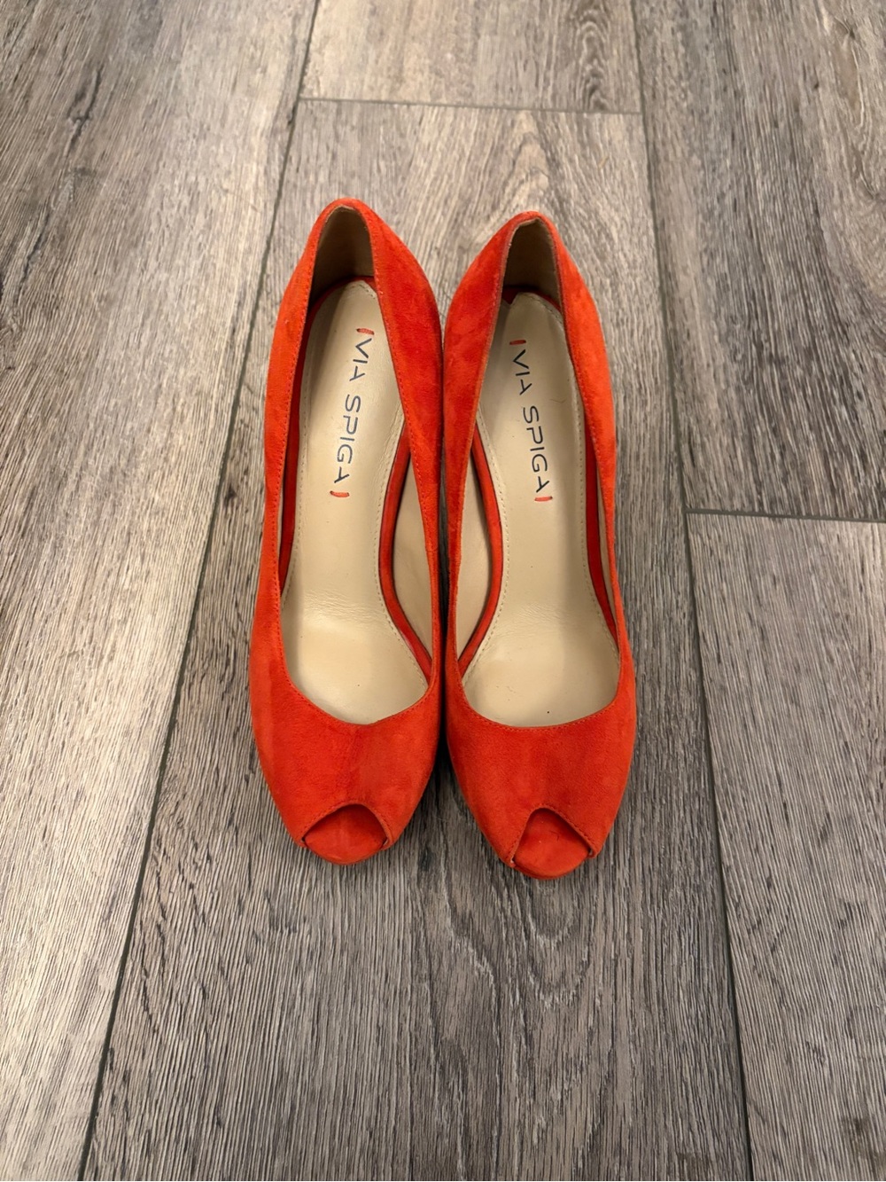 Via Spiga Bright Orange Suede Peep-Toe Heels